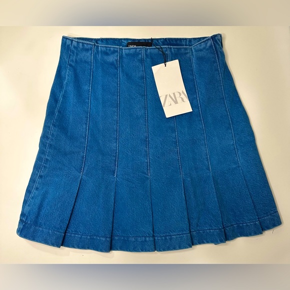 Zara Size Small Box Pleated Denim Skirt Petrol Blue - Picture 2 of 4